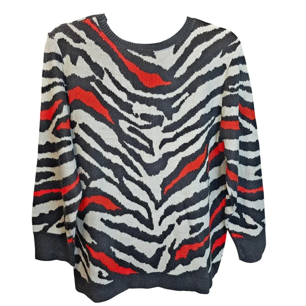 Ruby Rd Womens Zebra Animal Print Sweater Red Black White Crew Neck Large USA - Picture 2 of 5